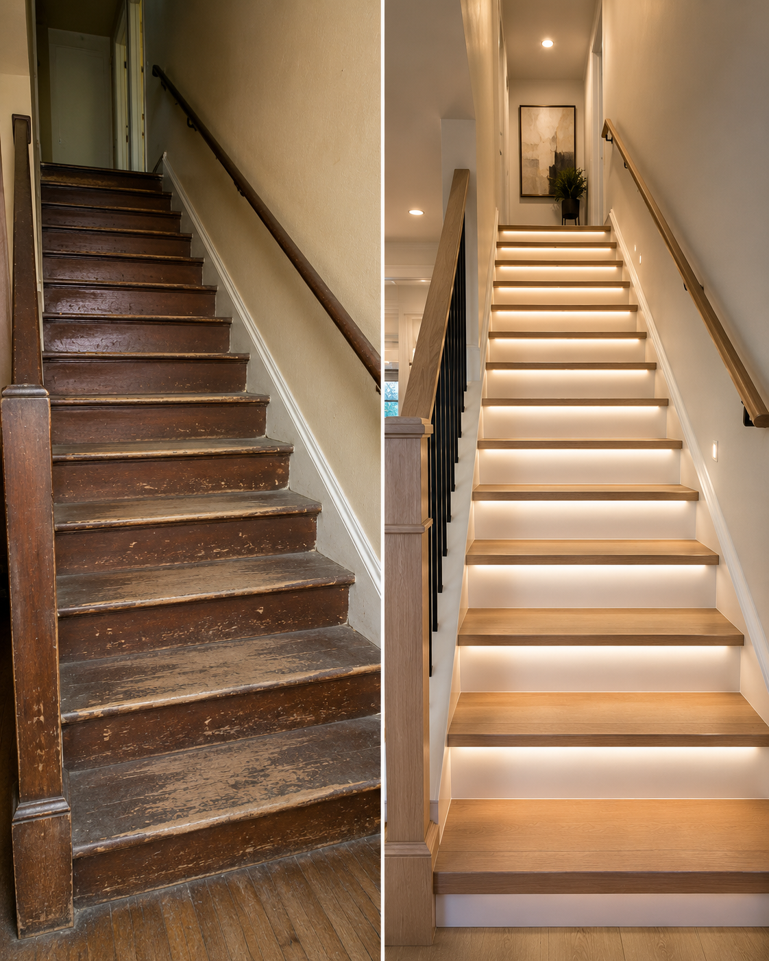 Staircase before and after remodel